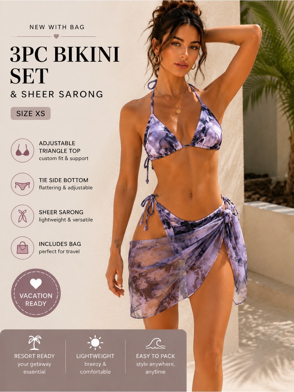 Marble Print 3PC Bikini Set & Sheer Sarong Cover-Up XS